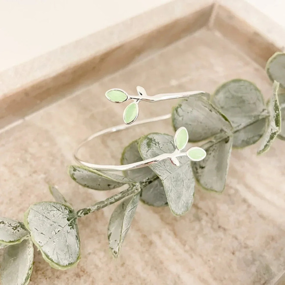 925 Sterling Silver Green Flower Cuff Bracelet Leaf Bracelet Silver Bangle Cuff - Picture 2 of 5